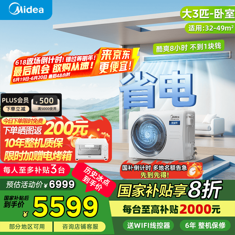 美的（Midea）酷省电 3匹风管机【国家补贴直降20%】超一级能效家用中央空调风管机一拖一 KFR-75T2W/B3-KS(1) 大3匹 一级能效 【省电神机】酷省电 客厅风管机