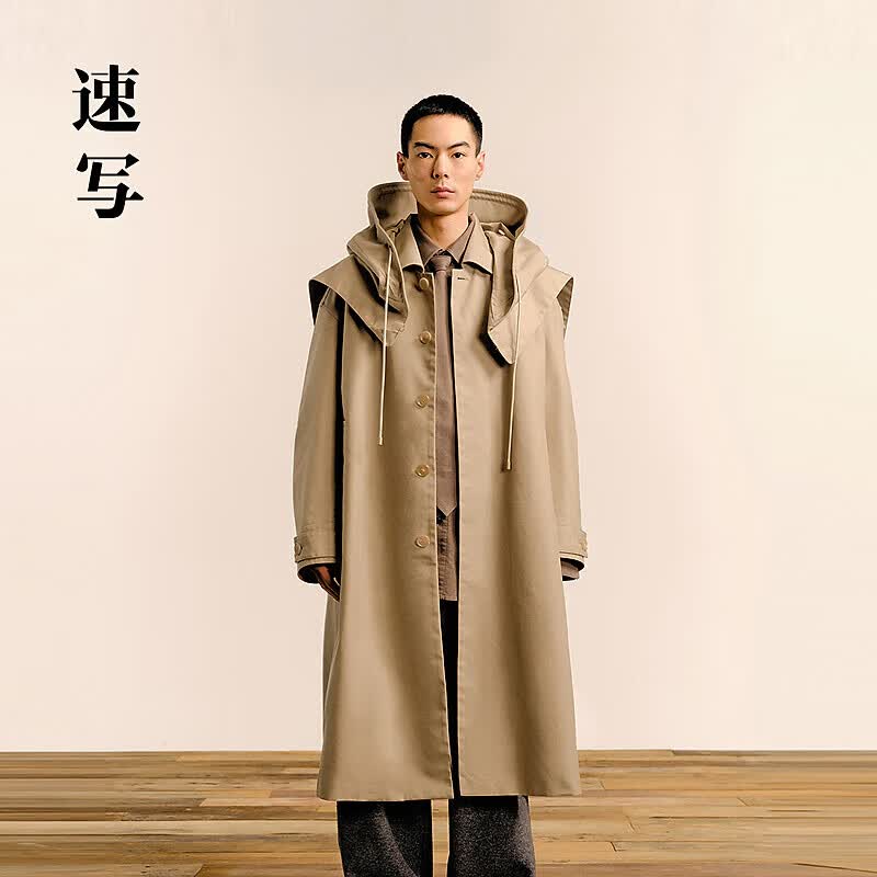 速写男装2025春新品连帽风衣宽松翻领长款9P1915130 251中卡其 M