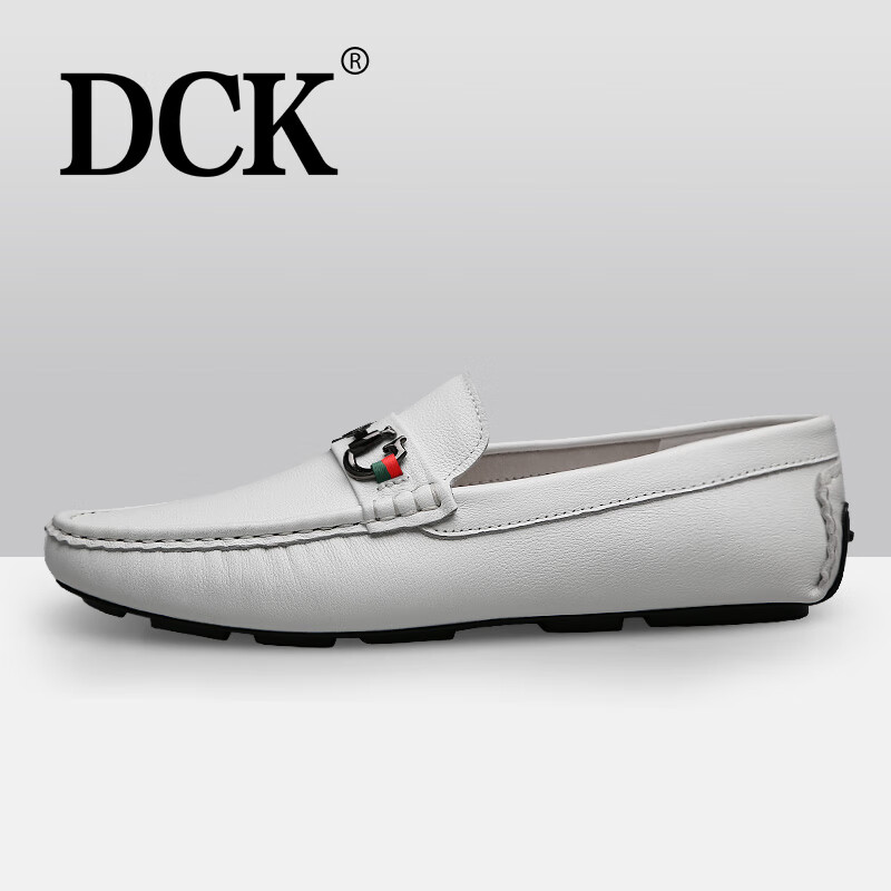 DCK男士商务休闲皮鞋男软皮软底真皮豆豆鞋男一脚蹬鞋子英伦皮鞋男鞋 白色 98516 45 (适合运动鞋46码)