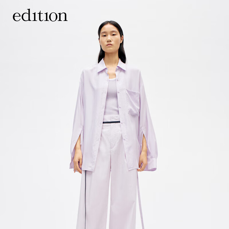 edition襯衫女夏季新款浪漫丁香紫色桑蠶絲綁帶寬松長(zhǎng)袖襯衣EBD2SHT008
