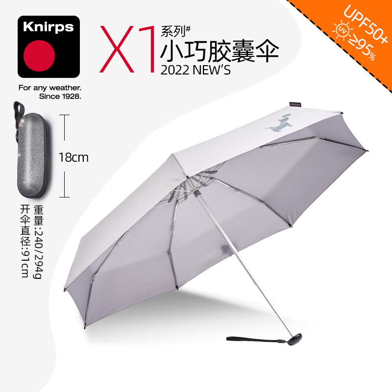 knirps德國X1手動五折傘小巧輕便迷你膠囊傘晴雨傘兩用傘 泰坦灰_【防滑蜂巢】 91cm