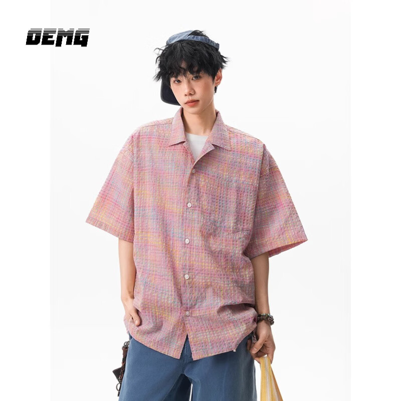 OEMG  美式格纹泡泡纱短袖衬衫男士夏季潮流牌新薄款五分半袖速干外套 粉色 L [建议100-110斤]