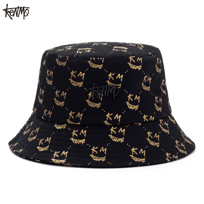肯默纯棉满印笑脸渔夫帽潮流百搭金属logo标志盆帽遮阳防晒 黑金色