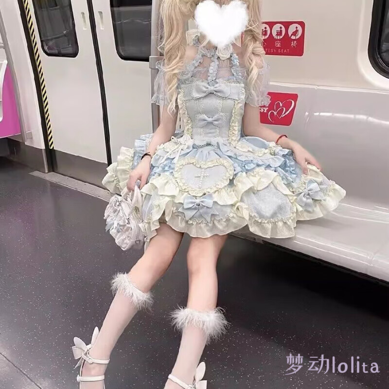 梦动芙蝶之心Lolita哥特蓝色挂脖洋装jsk日常洛丽塔公主成人礼连衣裙 蓝色挂脖款+拖尾+爱心+玫瑰花送 S