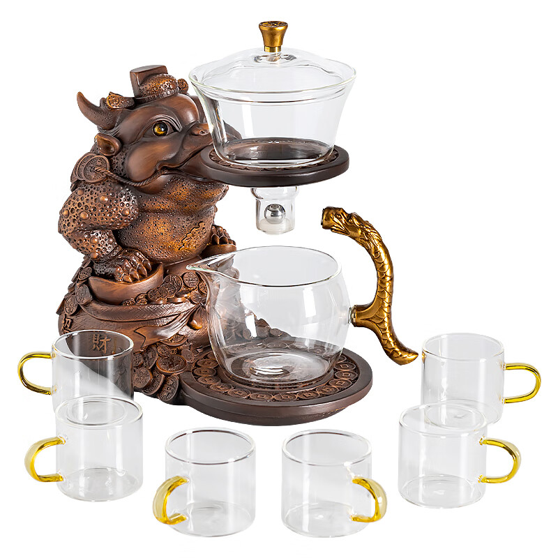 心茧玻璃自动茶具套装办公高档整套懒人防烫泡茶壶功夫杯加厚耐热商务 自动（进宝金蟾）+六金把杯