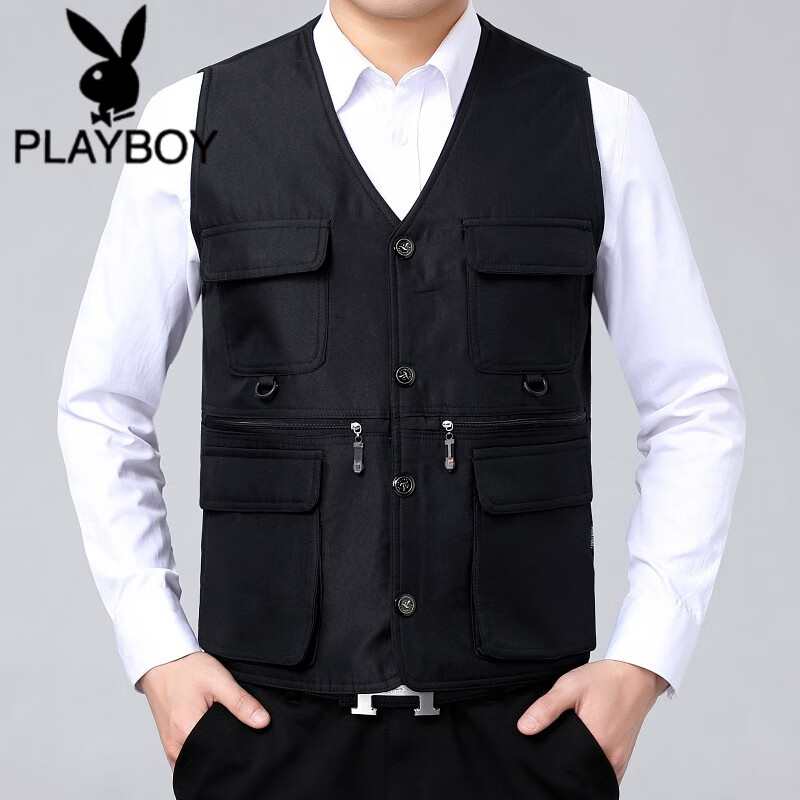 花花公子（PLAYBOY）摄影男士马甲背心夏季薄款多口袋多兜中老年人男装钓鱼坎肩单马夹 黑色1号款 4XL 小号195