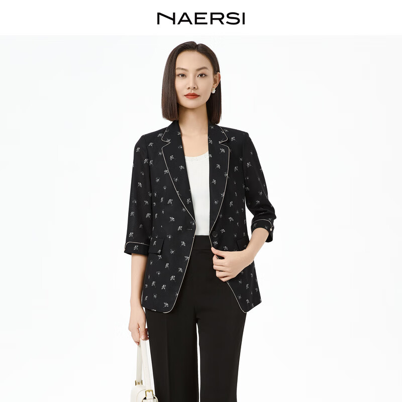 娜尔思（NAERSI）【商场同款】时尚气质印花西装外套2025年夏季新款 黑色 L