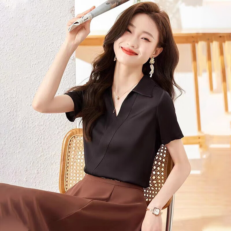 夏季薄款雪纺衫衬衣白领气质职业套装珠宝店前台工作服 单件黑色衬衫
