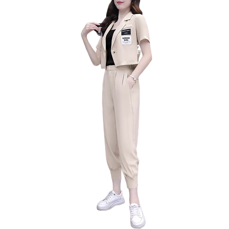 恒源祥洋氣短袖西裝職業(yè)套裝女2025夏季新款氣質(zhì)小個(gè)子顯高西服兩件套褲 杏色 L (建議100斤-115斤)