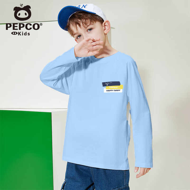 小猪班纳儿童长袖t恤男女童春秋款2025新款小男女孩上衣纯棉圆领打底衫 蓝J17快乐宝贝K 120 （建议身高110-120CM）