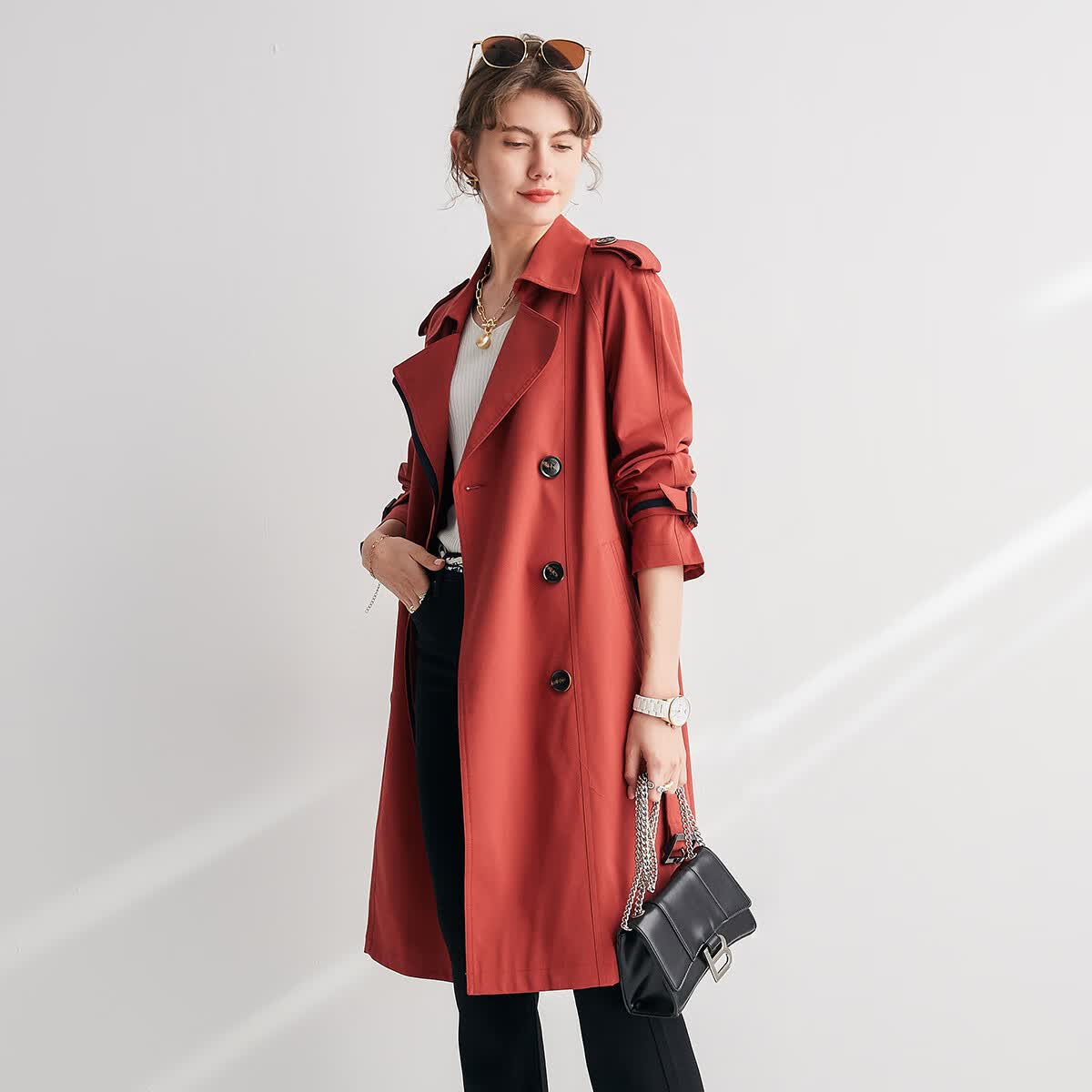 帕罗风衣女秋季新款简约双排扣撞色拼接休闲百搭外套肩章长外衣 枫叶红 常规 XL 170/92A