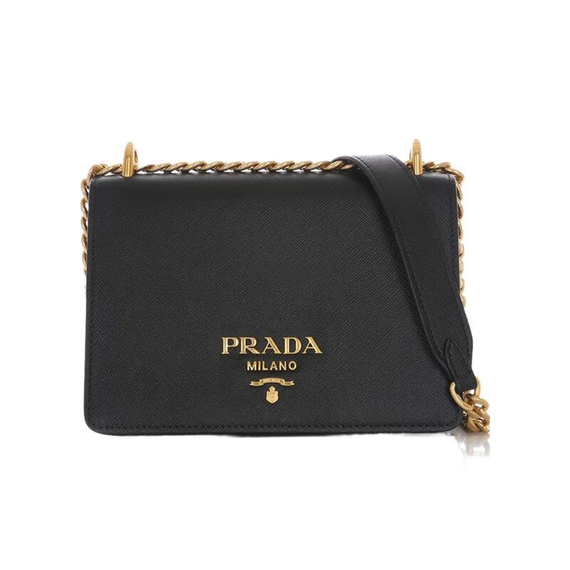 普拉達（PRADA）女款翻蓋單肩包 牛皮材質(zhì)鏈條拼接設計時(shí)尚潮流包 黑色 均碼