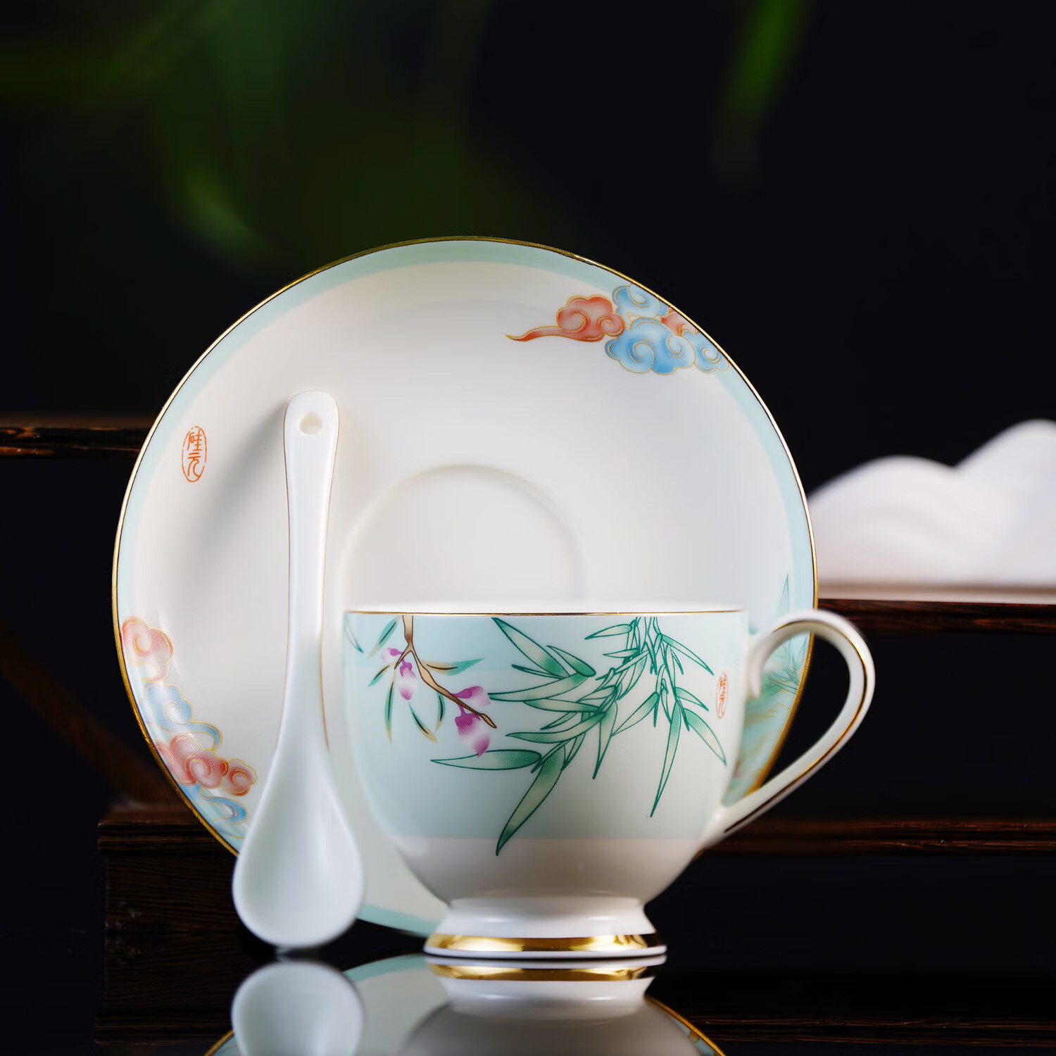 硅元硅元瓷器 咖啡杯带托碟套装配勺 国风描金奢华 青云直上咖啡杯