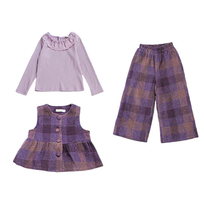 G.duck小黄鸭女童套装春秋季洋气格子儿童衣服休闲女宝宝背心马甲三件套 紫色三件套 130 （建议身高120cm 8-9岁）cm