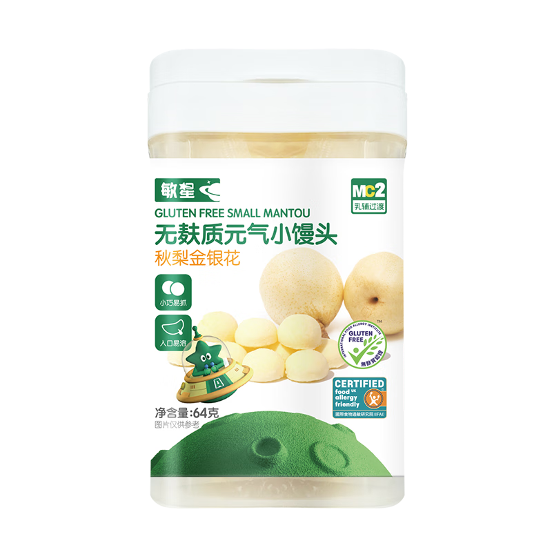 敏星無(wú)蛋奶小饅頭無(wú)小麥麩質(zhì)餅干不加砂糖零食送敏寶寶嬰兒童食譜 秋梨金銀花味64g
