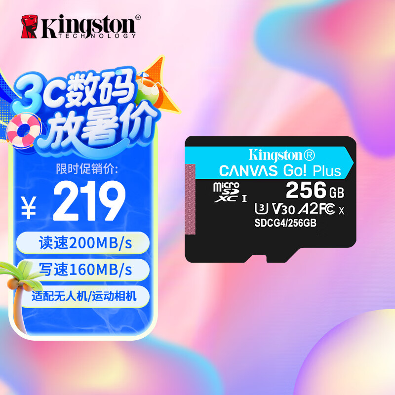 金士顿（Kingston）256GB TF（MicroSD）存储卡 无人机/运动相机 内存卡U3 V30 A2 4K 读速200MB/s兼容手机行车记录仪