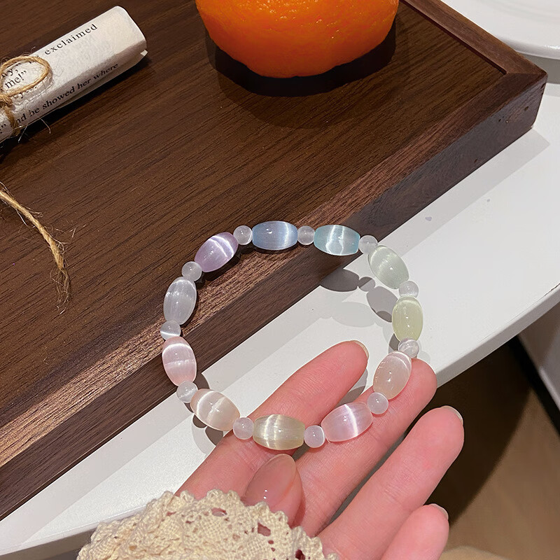 梵曼萊甜美清新夢幻馬卡龍石膏貓眼石手串簡約仙女風幾何珠學生閨蜜手鏈 1橢圓珠型