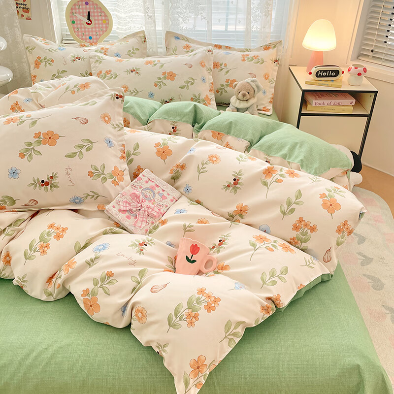 羽匠加厚磨毛小清新印花四件套学生宿舍套件家用床单柔软四件套秋冬季 春田花花 床单款 （被套150*200cm）三件套