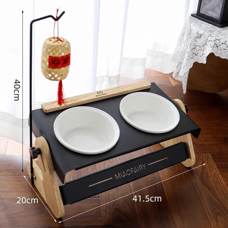 HELLOLEIBOO徠本貓碗陶瓷狗碗增高架大口徑貓食盆寵物雙碗可調節(jié)護頸不易打翻 雙瓷碗 增高架 燈籠架 | 白碗