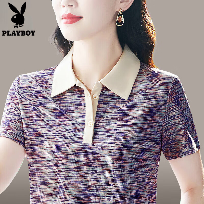 花花公子（PLAYBOY OUTDOOR）冰丝短袖女t恤新款夏季宽松翻领体恤衫洋气女装运动休闲上衣 紫色 4XL (适合140斤-155斤)