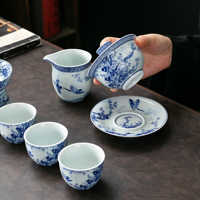 京峰阁 高端茶具整套 喜上眉梢元宝茶杯盖碗套装 轻奢家用办公室送礼物 喜上眉梢元宝盖碗套装 6人饮 10件