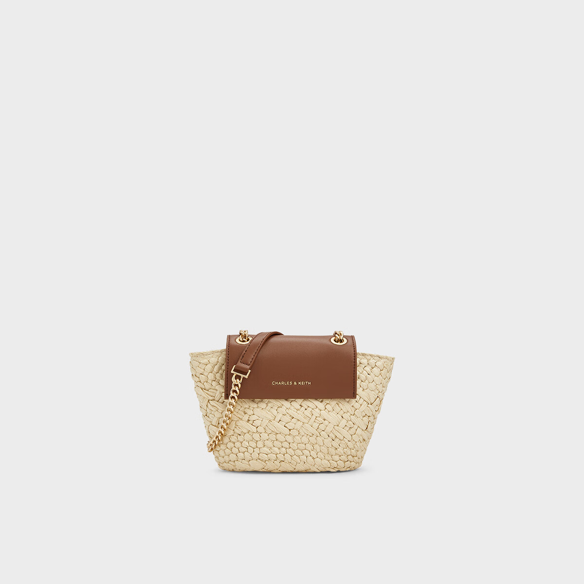 CHARLES&KEITH夏季新品度假風(fēng)草編鏈條單肩斜挎包CK2-80782644-1 Natural Raffia米色/棕色 S
