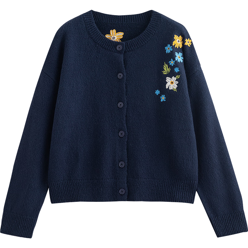 初語(yǔ)花朵繡花設(shè)計(jì)針織衫開(kāi)衫女2025秋新款保暖低圓領(lǐng)長(zhǎng)袖毛衣外套 藏青色 L