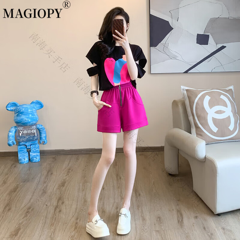 MAGIOPY輕奢高檔品牌休閑運(yùn)動(dòng)套裝女夏季時(shí)尚洋氣減齡上衣高腰闊腿褲女裝 黑色短袖＋短褲套裝 S