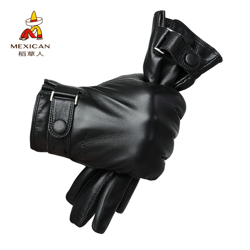 稻草人皮手套男冬季保暖加厚开摩托车户外绵羊皮防风男士皮手套 黑色