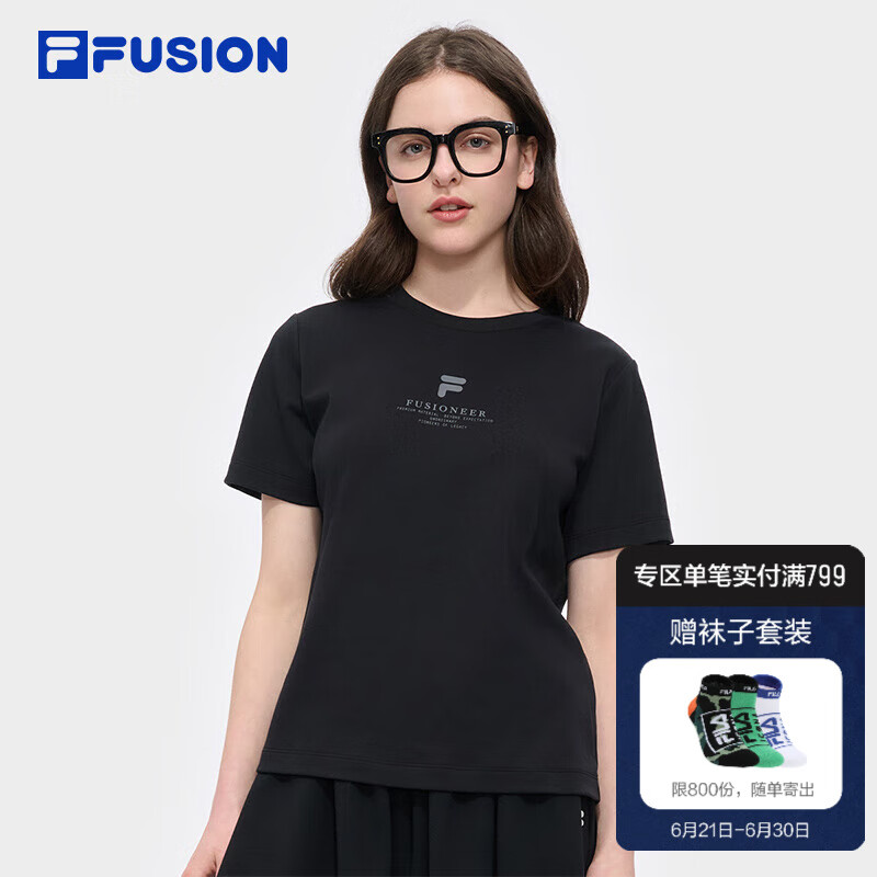 FILA FUSION斐樂潮牌女士針織短袖衫2025夏季新款時尚休閑純棉T恤 正黑色-BK L 170/88A/L