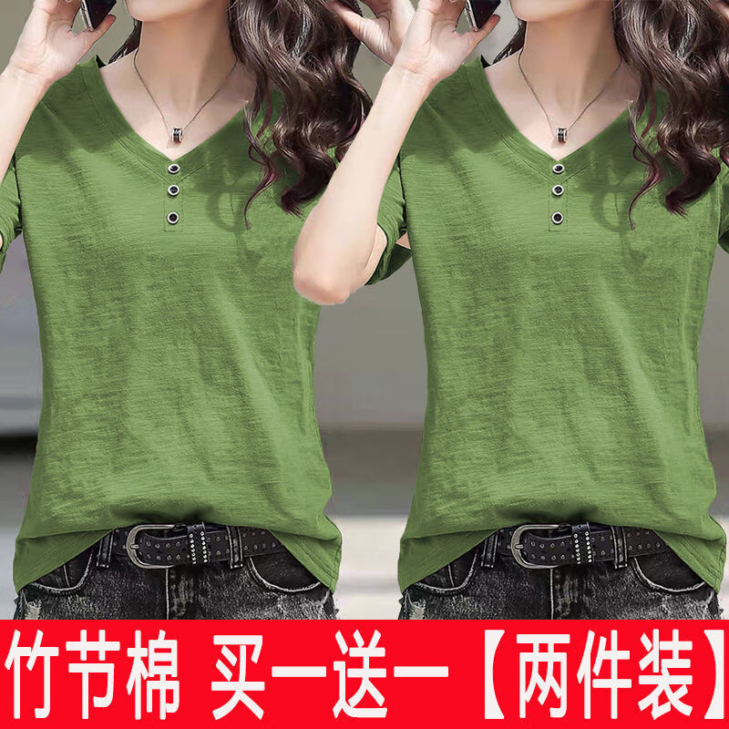 单/两件竹节棉领纽扣短袖恤女2025夏季新款宽松大码百搭上衣潮 单件【白色】 4XL 145-160斤