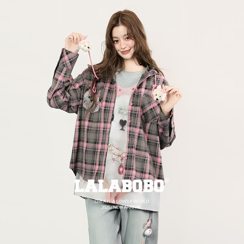 拉拉波波【快乐护卫队系列】LALABOBO衬衫25年秋新款原创格子印花连帽上衣 M 京东折扣/优惠券