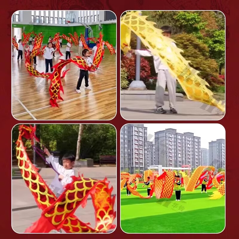 华铃舞龙彩带健身龙新款龙头舞龙表演道具儿童甩甩龙广场舞健身彩带龙 [杆甩款]1米绸布红+45CM甩杆