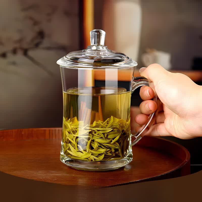 玻璃茶杯带盖杯耐高温水杯泡带把手茶楼会议男士女士 单只/带盖凤舞400ml/加厚款