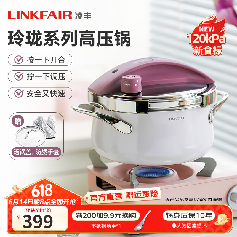 凌丰（LINKFAIR）高压锅小型压力锅304不锈钢防爆家用燃气灶电磁炉迷你压力煲 【120kPa紫色赠玻璃盖】 20cm 3L