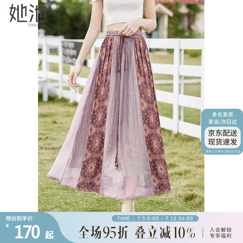 她池民族風(fēng)半身裙2025春夏時(shí)尚印花拼接松緊腰中長裙