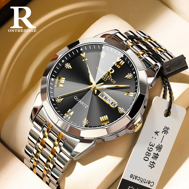 瑞之缘（ONTHEEDGE）商务防水双日历腕表男夜光石英表手表学生轻奢时尚女表情侣表礼物 090金白钢