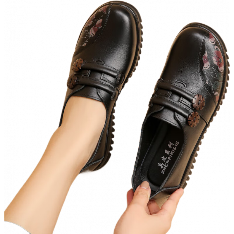 依斯諾宇閏月媽媽鞋50-60歲單鞋女秋季真皮平底中老年人軟底大碼防滑皮鞋 2001黑色 37