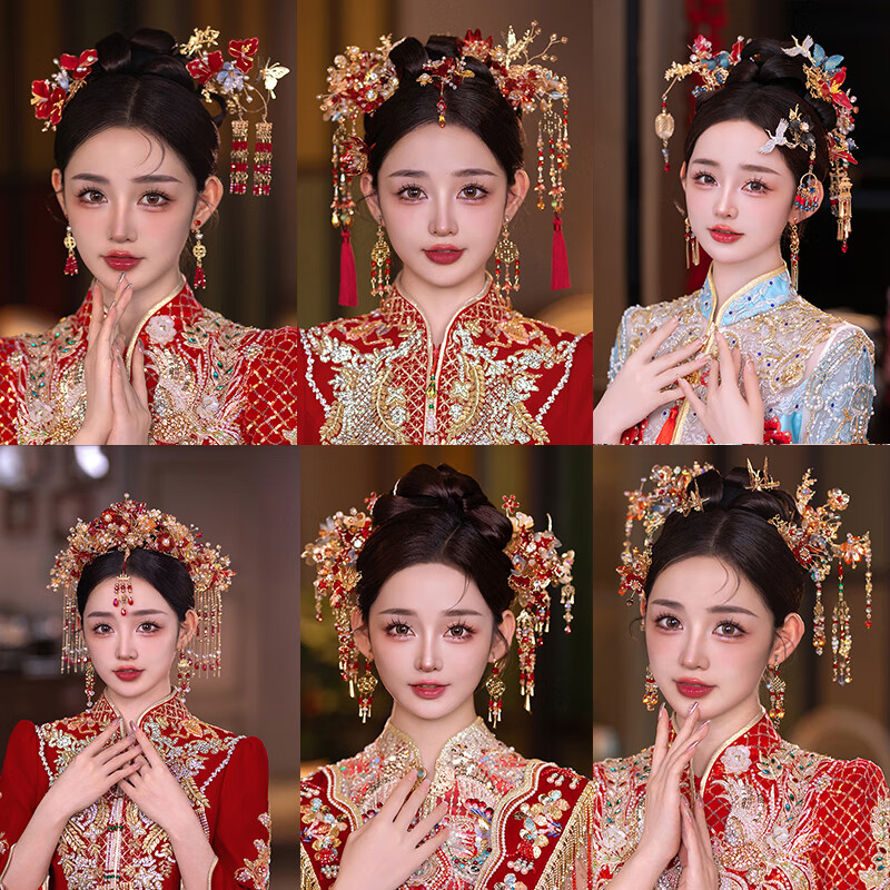 胖东来同款DL 1998秀禾服头饰新中式秀禾2025新款结婚龙凤褂大 新娘结婚头饰+耳夹