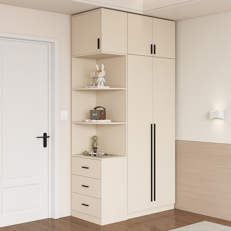 雨村实木生态板卧室简约衣柜定制转角衣柜奶油风收纳储物大容量衣柜 两门抽屉衣柜+边柜+书桌柜+顶柜