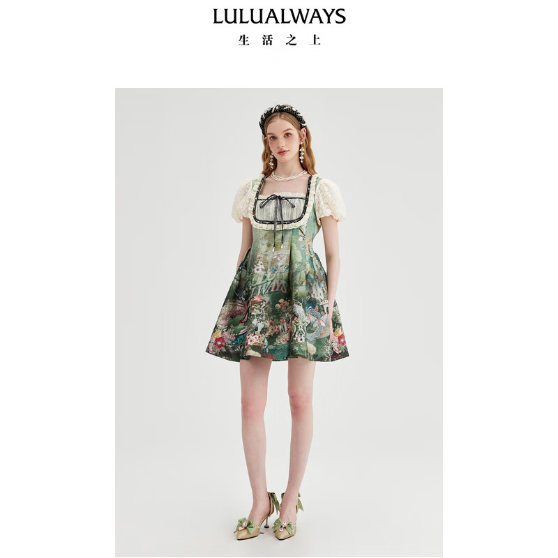 LULUALWAYS【商场同款】25夏季新款绿野仙踪蕾丝方领提花连衣裙女 浅绿色 M