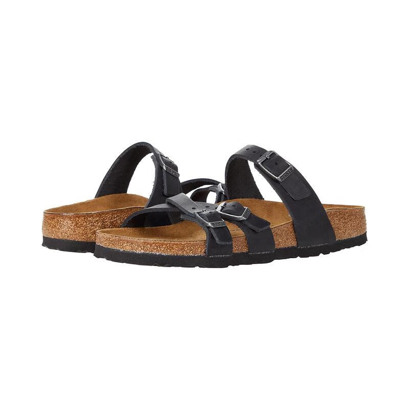 BIRKENSTOCK女士真皮交叉綁帶舒適按摩足床一字拖涼鞋 Black Oiled Leather 39