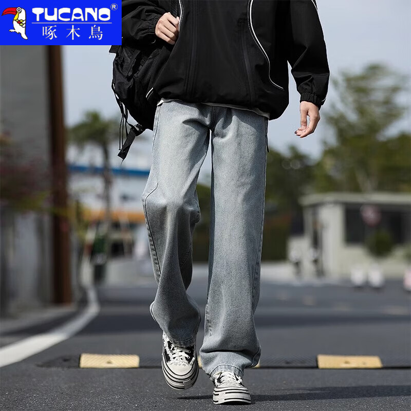啄木鸟牛仔裤男2026春秋季潮流宽松直筒裤男青少年美式高街阔腿裤子男 黑灰色常规 XL 建议130-150斤