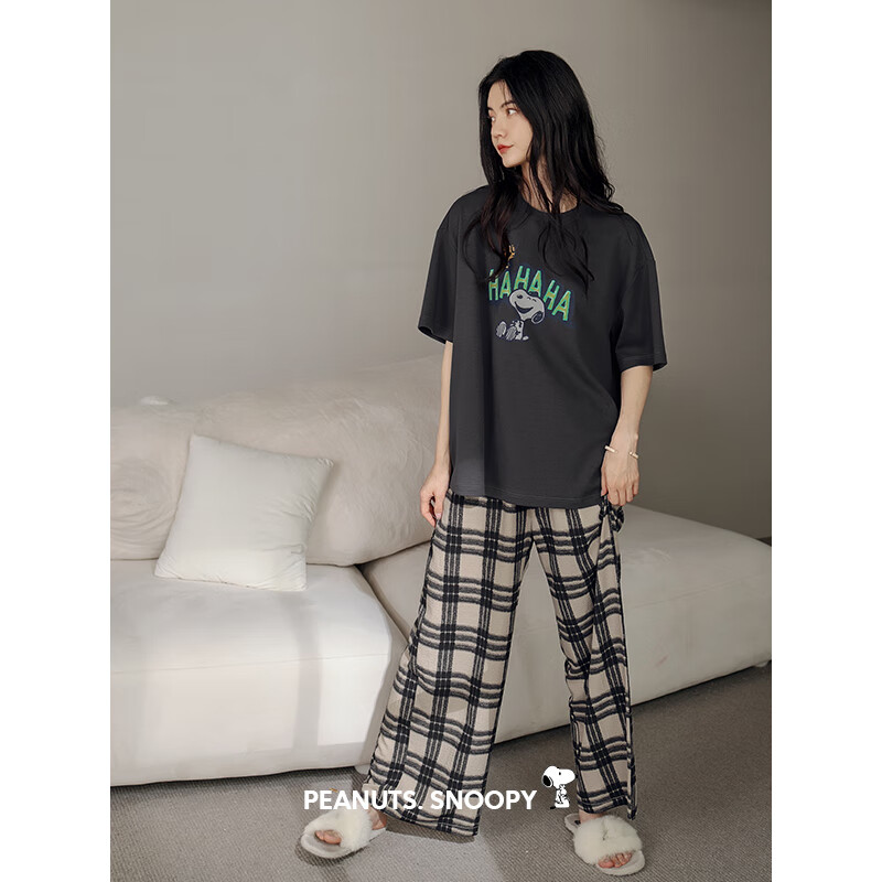 本尼熊贝妍夏季薄款纯棉短袖情侣睡衣女史努比凉感家居服休闲大码男套装 D10428 女装 L 码