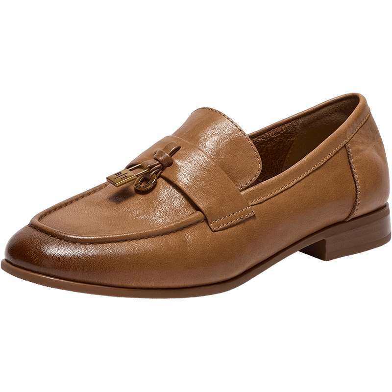 Bata乐福鞋女春秋牛皮通勤粗跟单鞋23018CA5 杏色 38