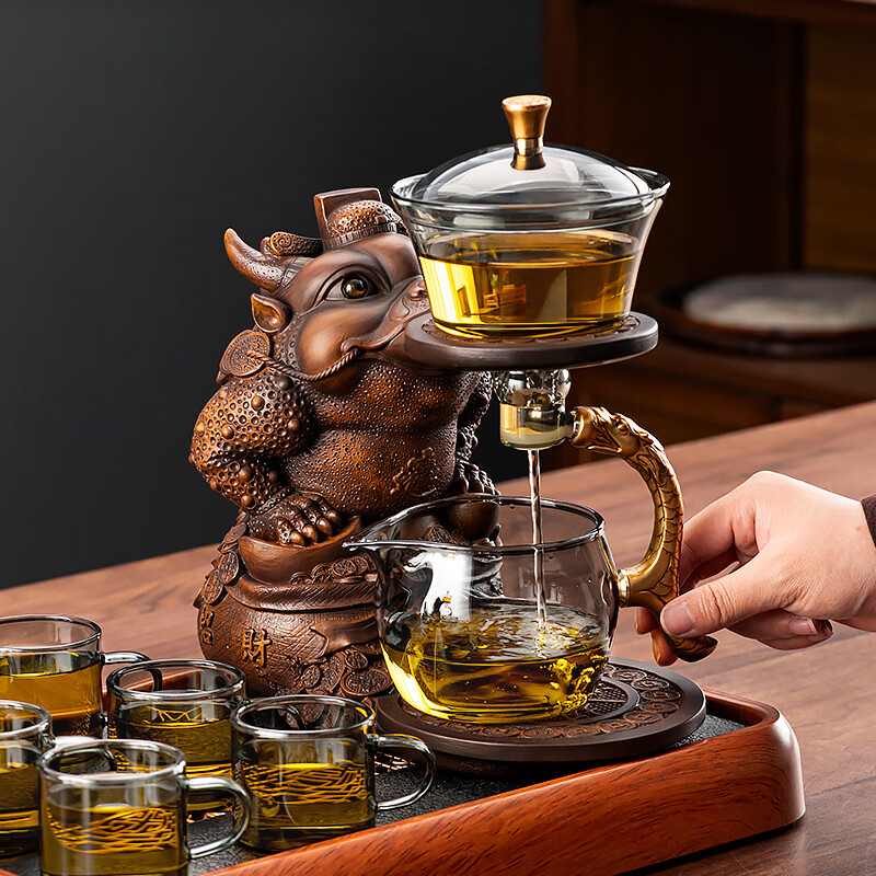 正扬整套玻璃自动茶具套装懒人创意泡茶器磁吸防烫家用高档茶壶功夫杯 烟灰/自动进宝金蟾+6色杯+茶道