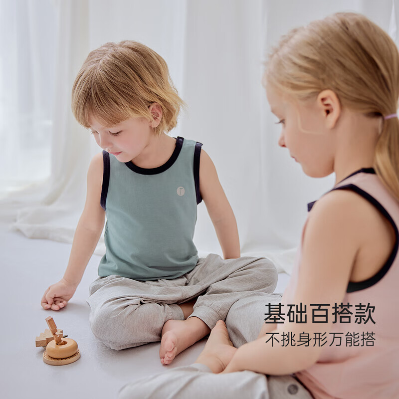 junejunior儿童背心男女童莱赛尔无袖T恤排汗透气坎肩夏季 灰青色 120