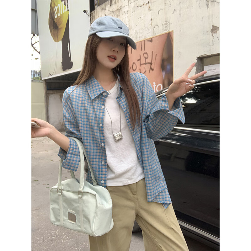 【优选】格子衬衫长袖t恤女秋季甜美独特别致显瘦宽松外套上衣 蓝色 S