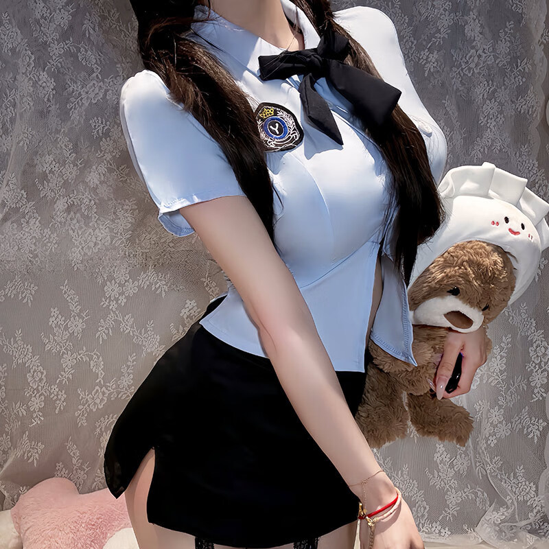 夜酥性感女警职业套装角色扮演紧身制服诱惑OL教师女 图片套装+黑网袜 均码