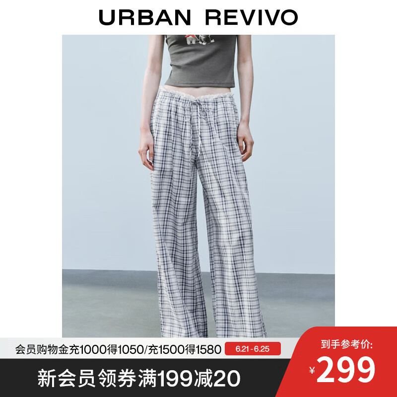 UR2025夏季新款女装撞色格纹拼接蕾丝抽绳阔腿裤UYL650039 蓝色格子 S